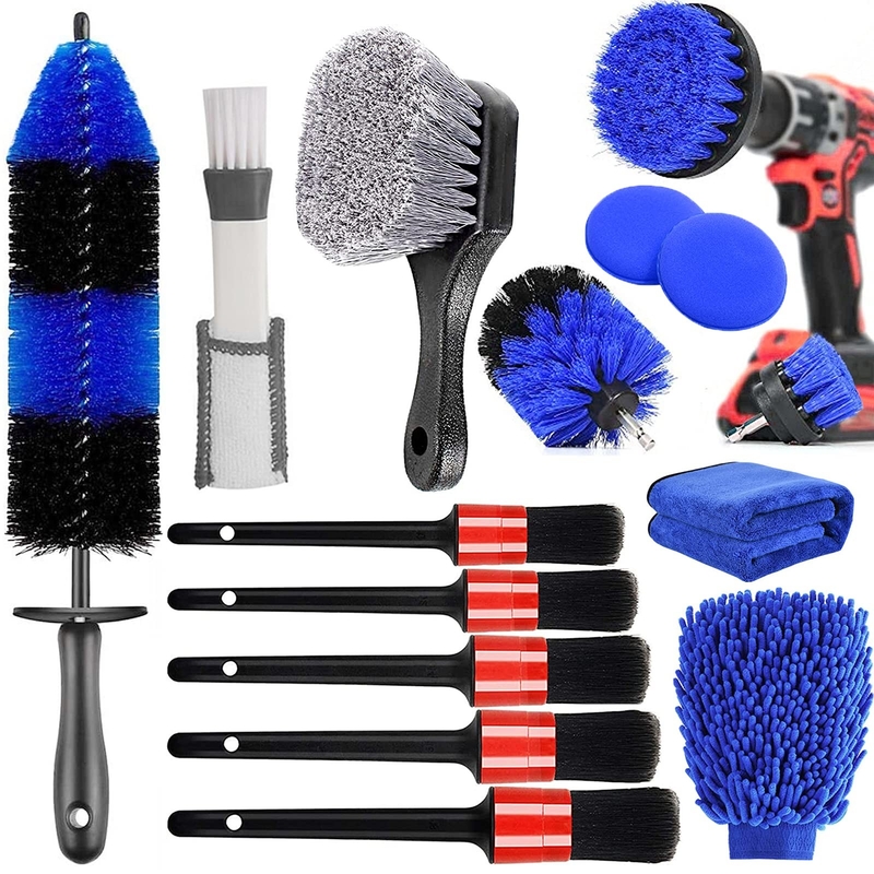 15pcs Car Cleaning Brush Set With Detailing Long Rim Microfibre